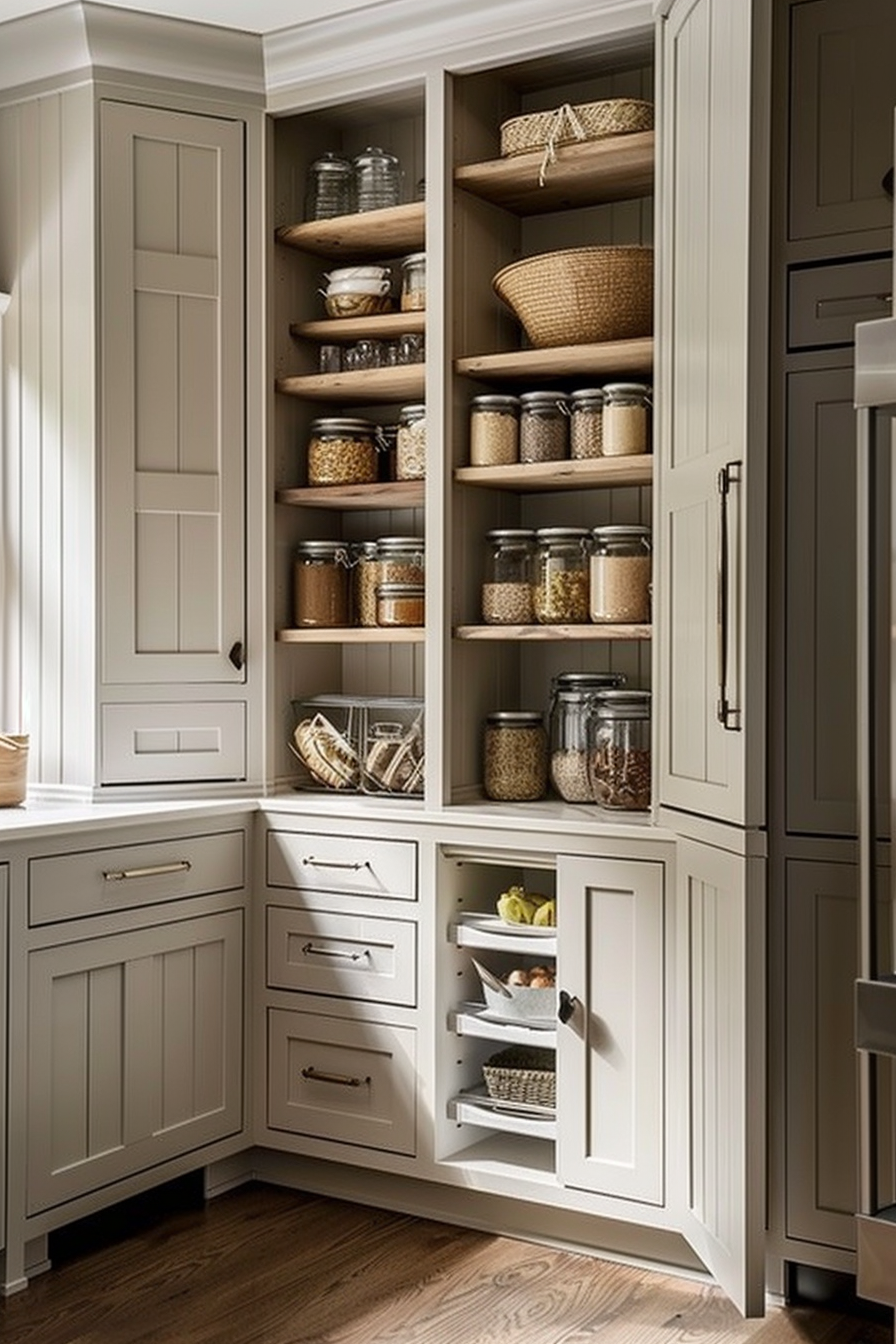 Elegant pantry with open shelving storing baskets, jars of grains, and dishes; adjacent drawers and cabinet with a pull-out shelf unit.