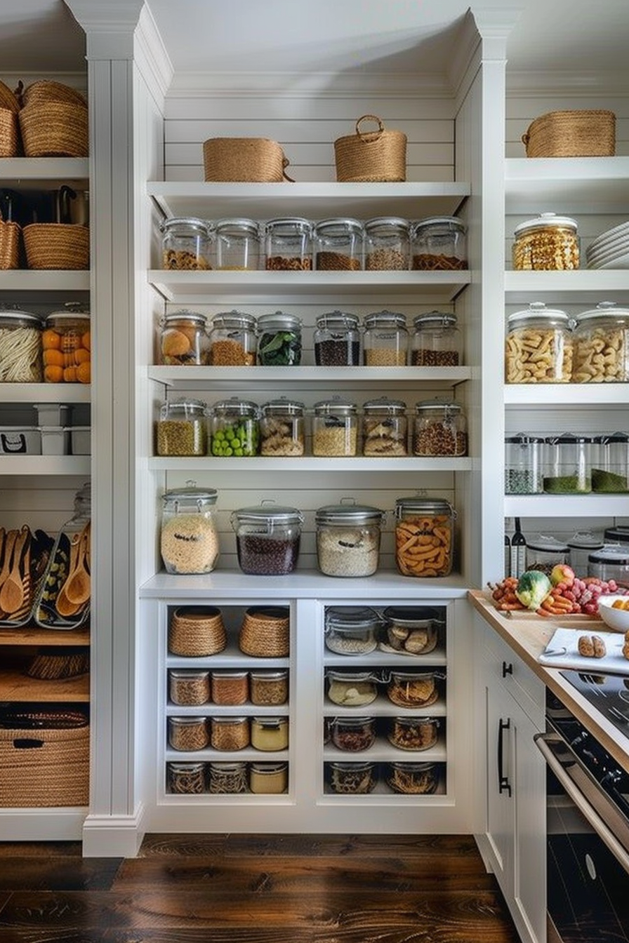 Well-organized pantry with labeled glass jars on shelves, wicker baskets, and fresh produce on the counter.