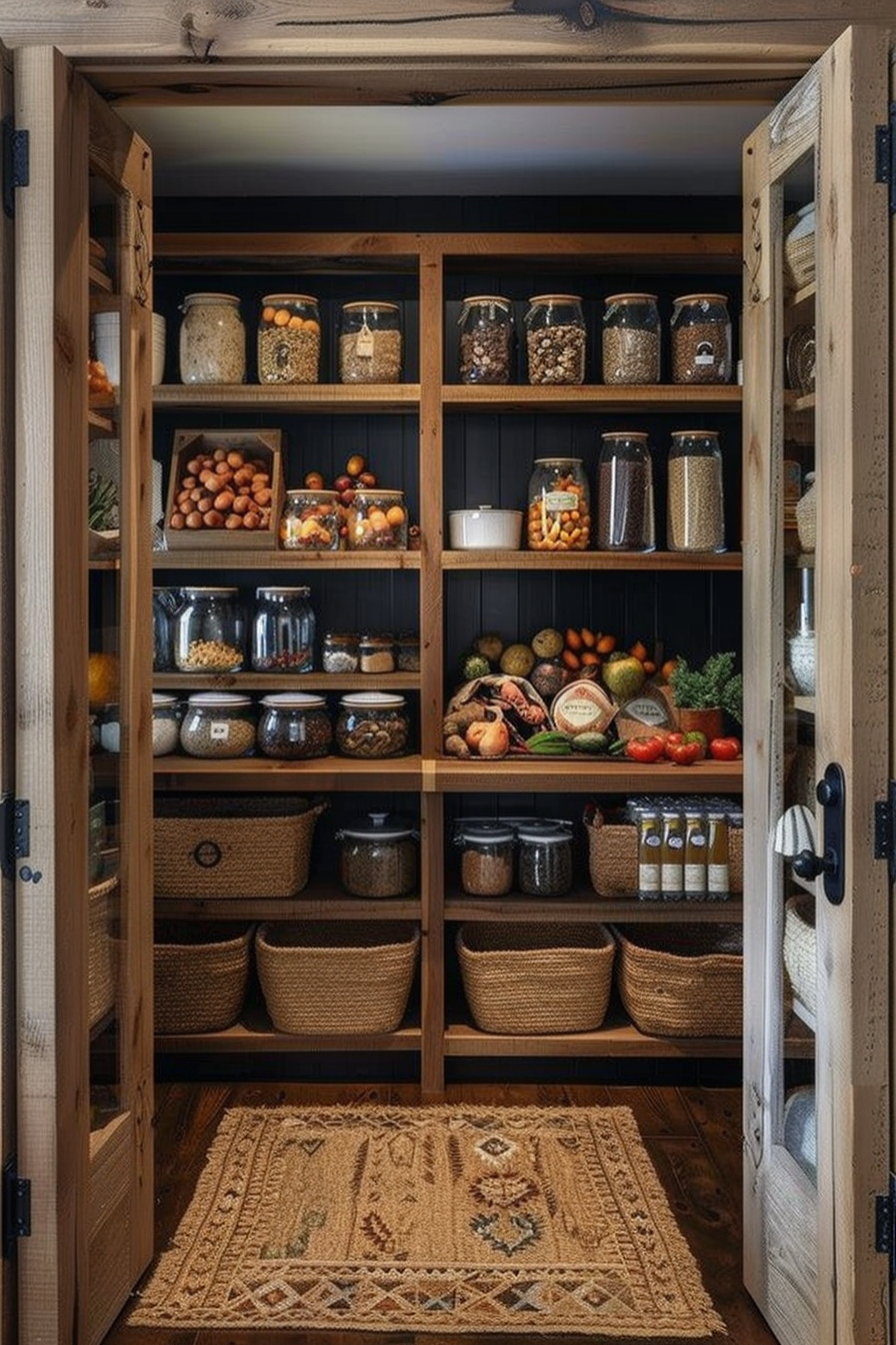 A well-organized pantry with wooden shelves, glass jars of dry goods, woven baskets, and fresh produce, with a patterned rug on the floor.