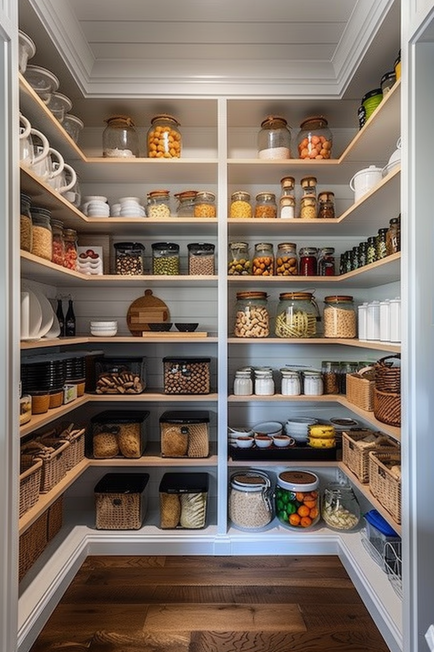 A well-organized pantry with clear jars of dry goods, woven baskets, white dishware, and wooden flooring.