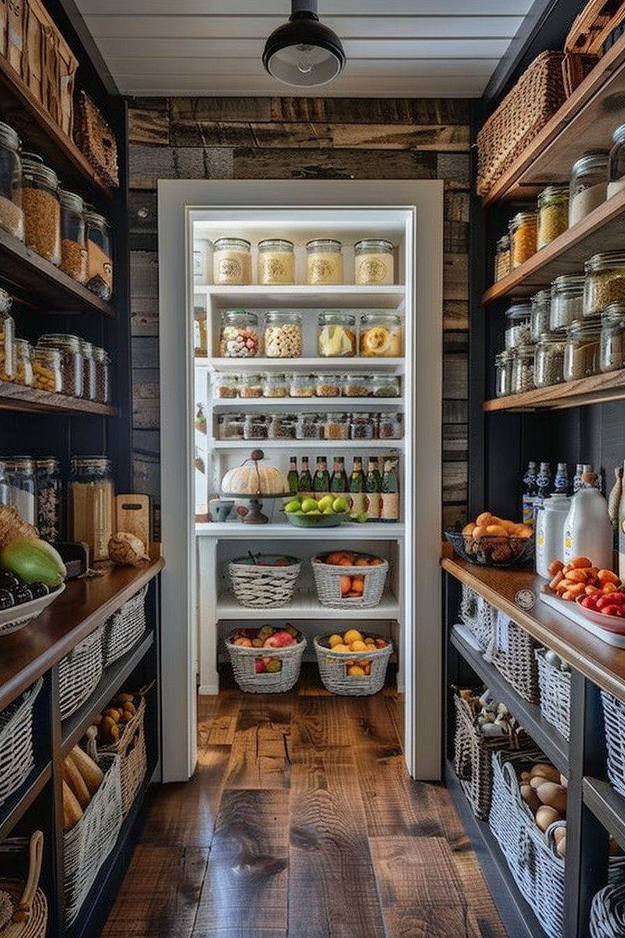 A well-organized pantry with open shelving, filled with jars of dry goods, baskets of fruit, and bottles on wooden floors.