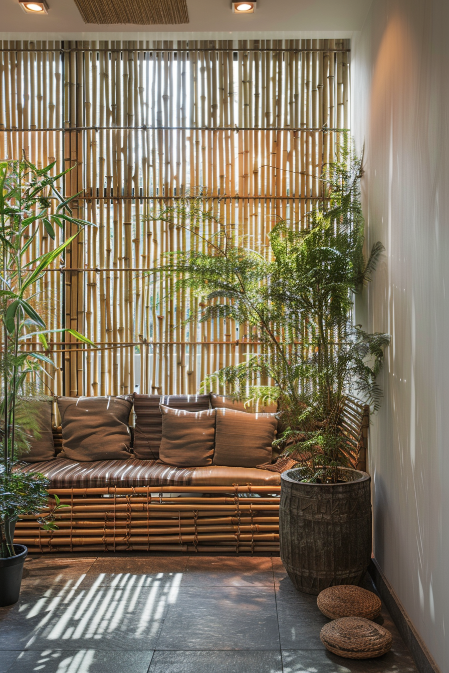 A cozy indoor nook with a bamboo bench, brown cushions, potted plants, and a bamboo screen filtering sunlight.