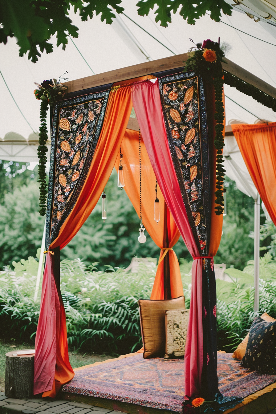 Garden setup with colorful drapes and cushions under a canopy, featuring traditional embroidered textiles.