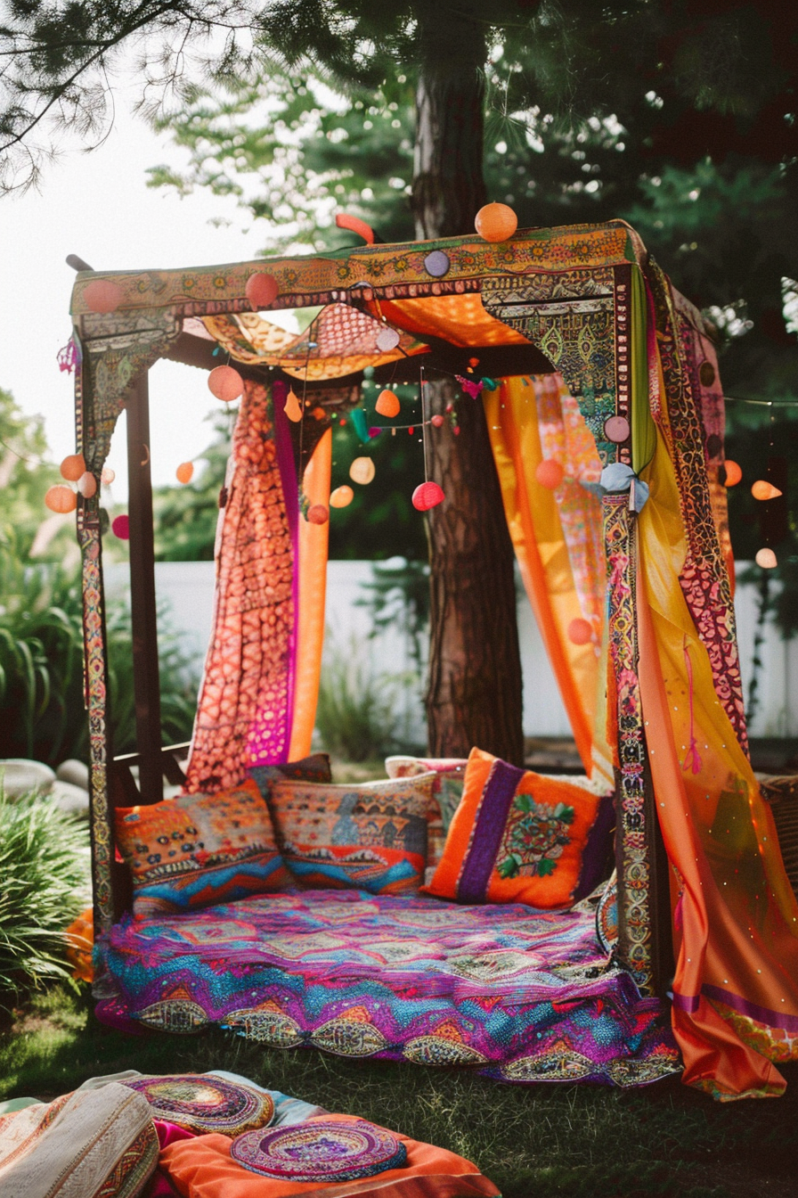 An outdoor bohemian lounge with colorful textiles, cushions, and hanging lanterns under a canopy, set amidst greenery.