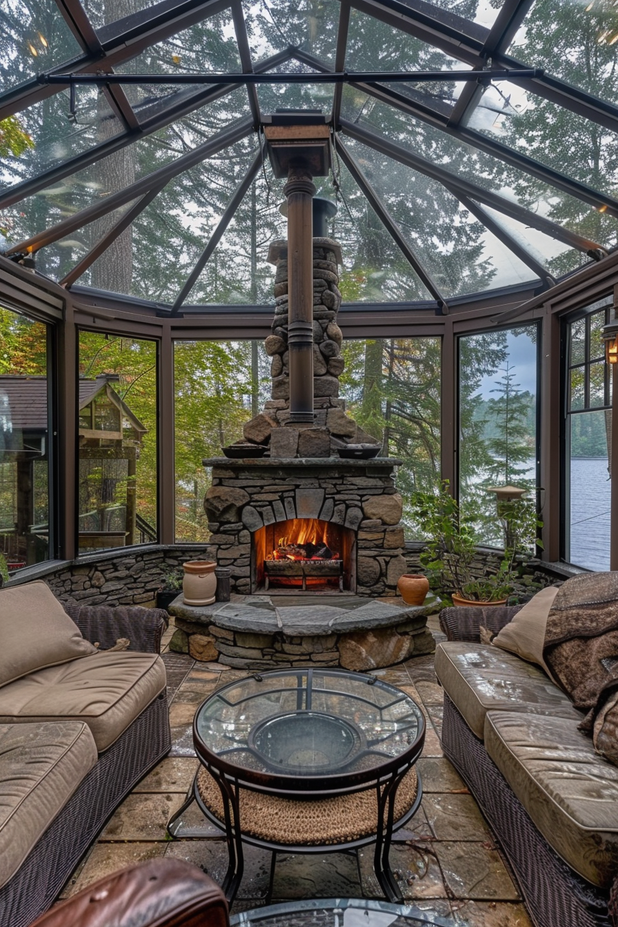 Cozy glass-enclosed room with a stone fireplace, comfortable seating, and a view of the lake through the trees.