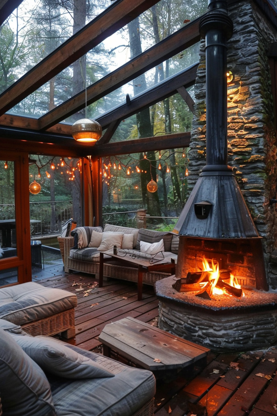 Cozy outdoor living space with a lit fireplace, comfortable seating, string lights, and a forest backdrop.
