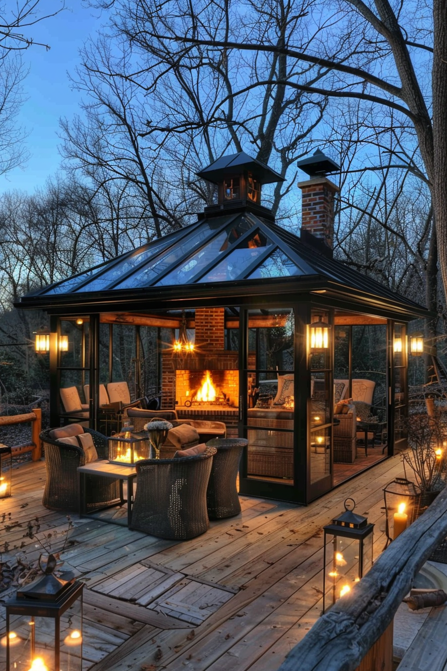 Cozy outdoor pavilion with fireplace on a wooden deck adorned with lanterns and candles, surrounded by bare trees at dusk.