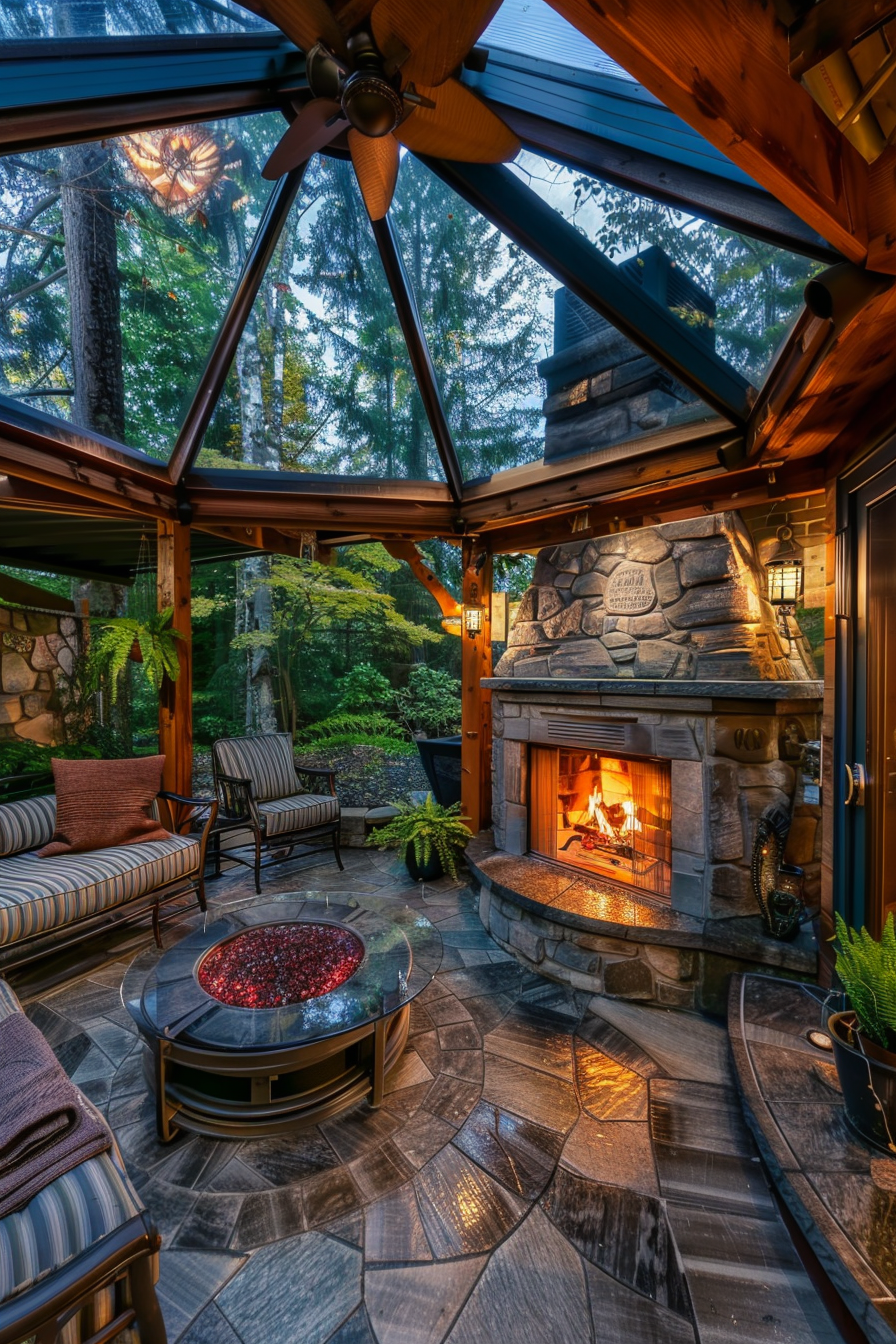 Cozy wooden interior with glass ceiling, stone fireplace lit with fire, plush seating, and a view of trees at dusk.