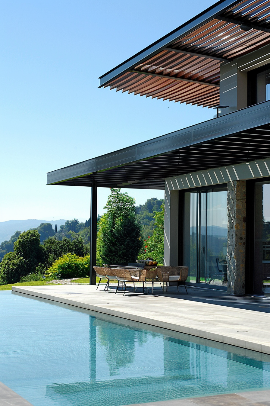 Modern house with patio, outdoor furniture, and infinity pool overlooking a scenic landscape.