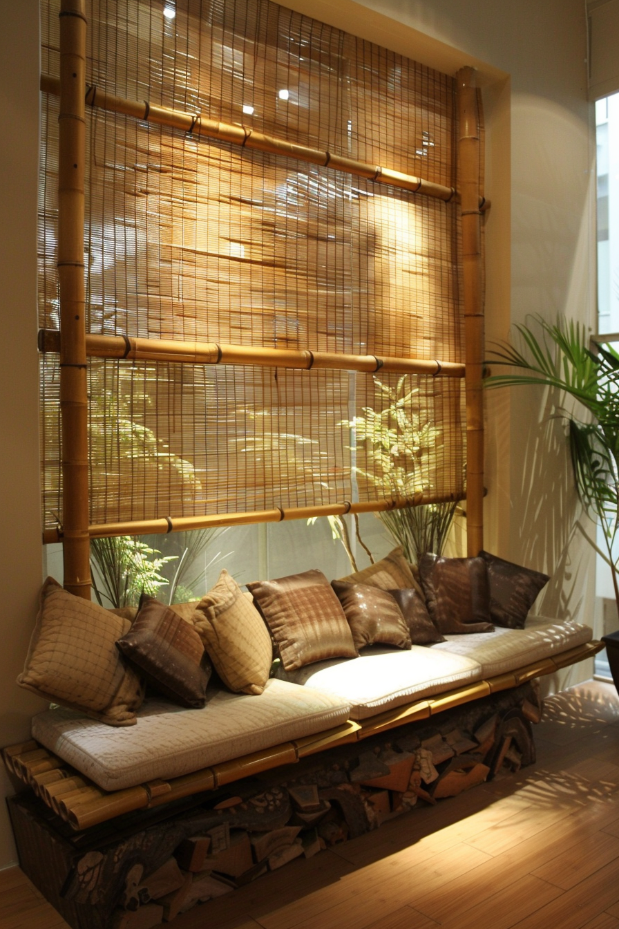 A cozy bamboo-themed sitting area with a plush, cushioned bench and bamboo blinds casting warm light on the scene.
