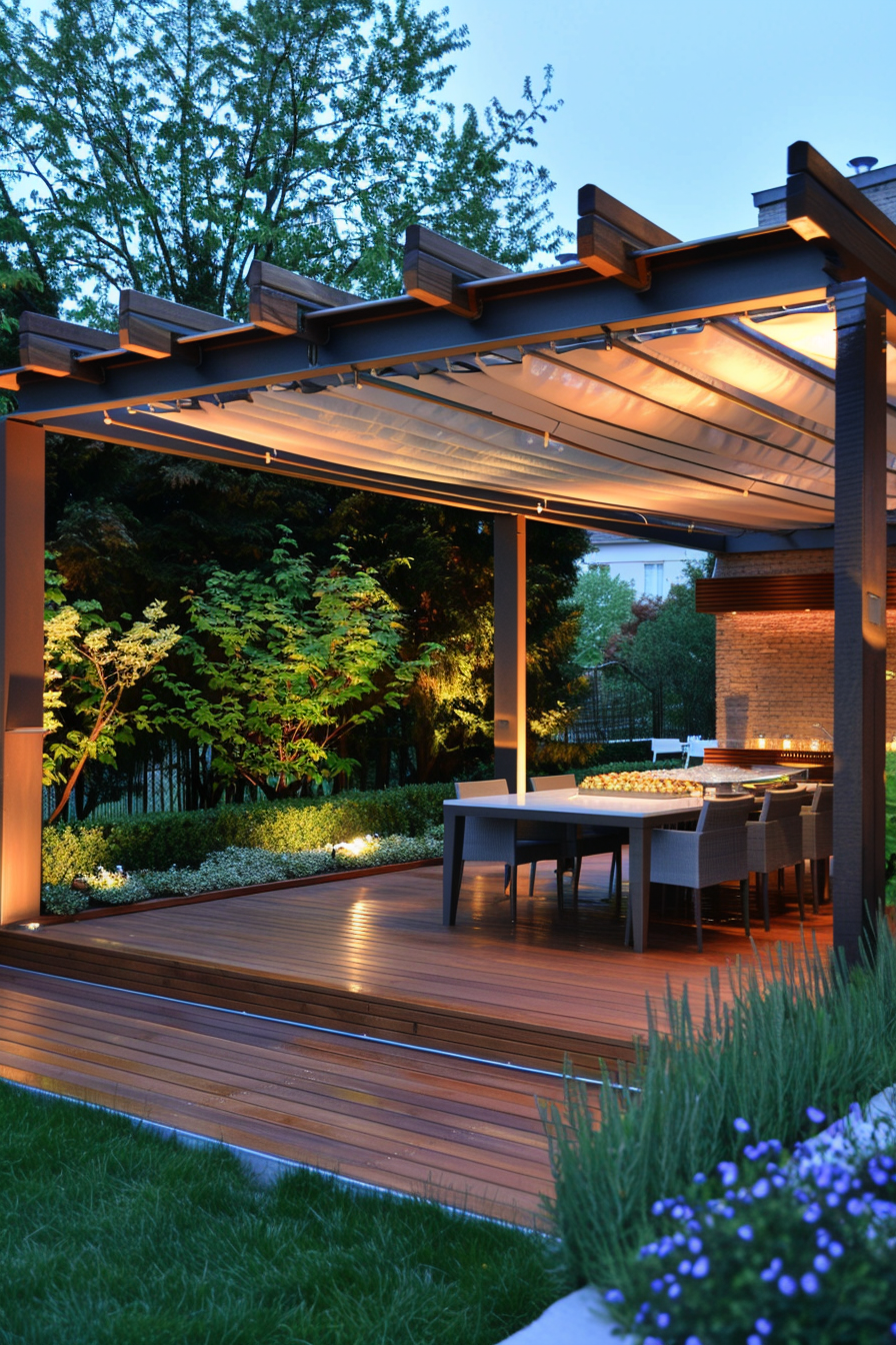 Elegant outdoor patio area at dusk with modern furniture, wooden decking, a pergola with lights, and lush greenery in the background.