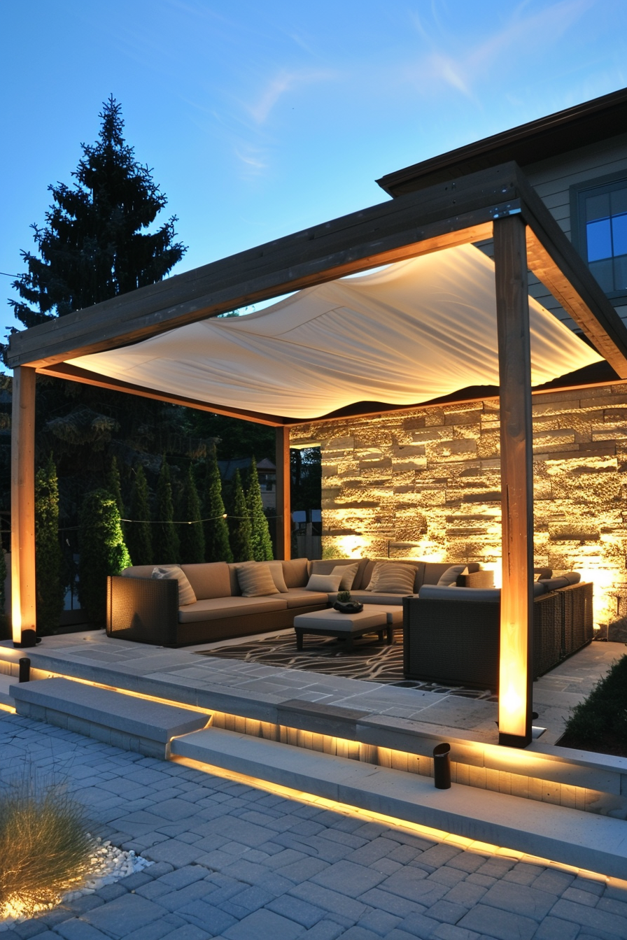 Elegant outdoor patio with a pergola, backlit stone wall, and modern furniture at twilight.