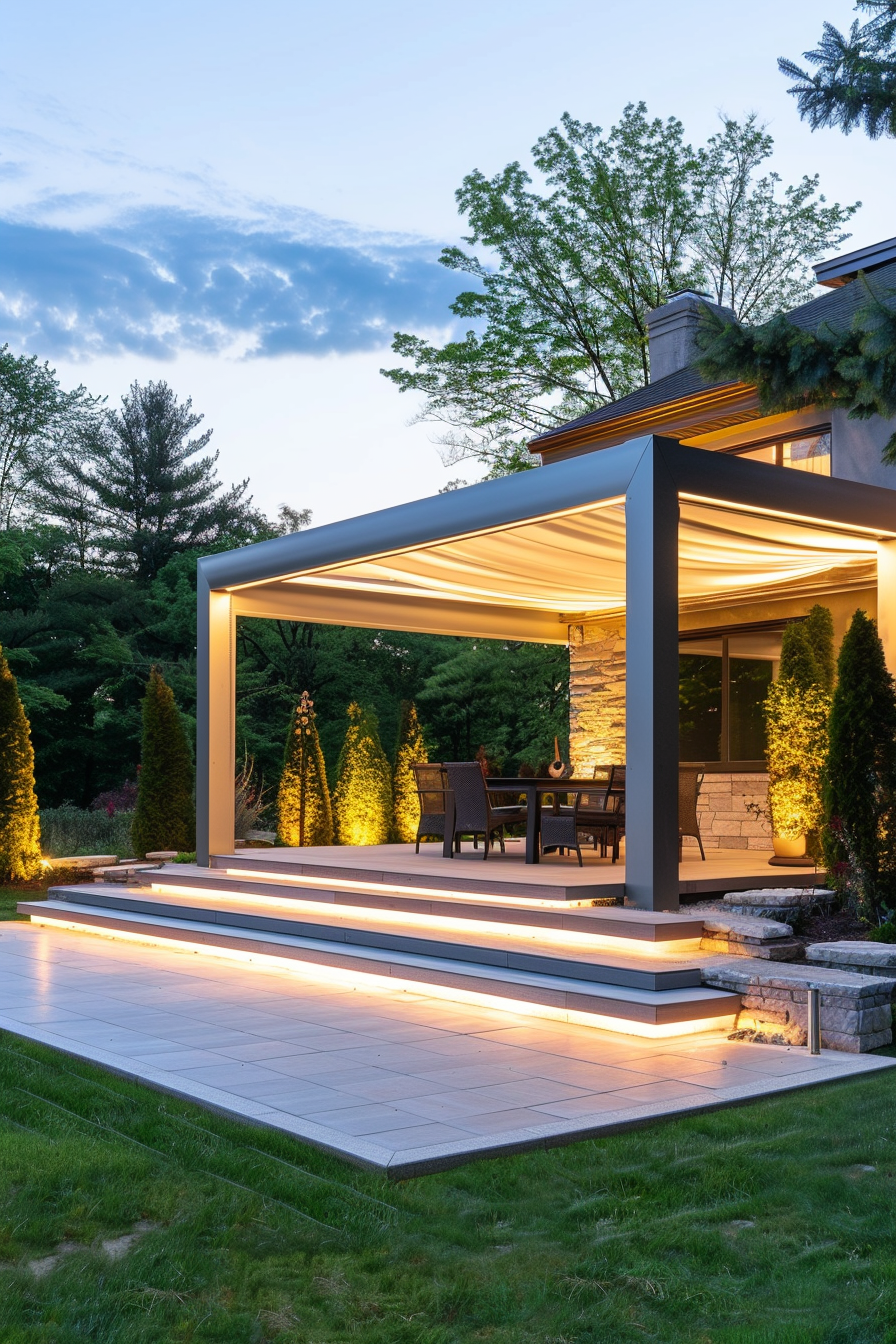 Modern outdoor patio with LED lighting under steps and pergola, featuring a dining area at dusk.