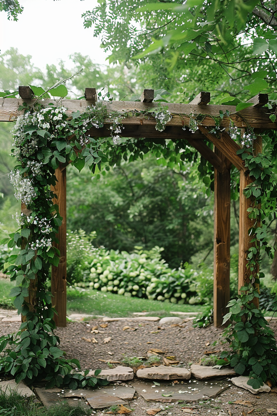 Wooden arbor adorned with white flowers and green vines, set on a stone pathway in a lush garden.