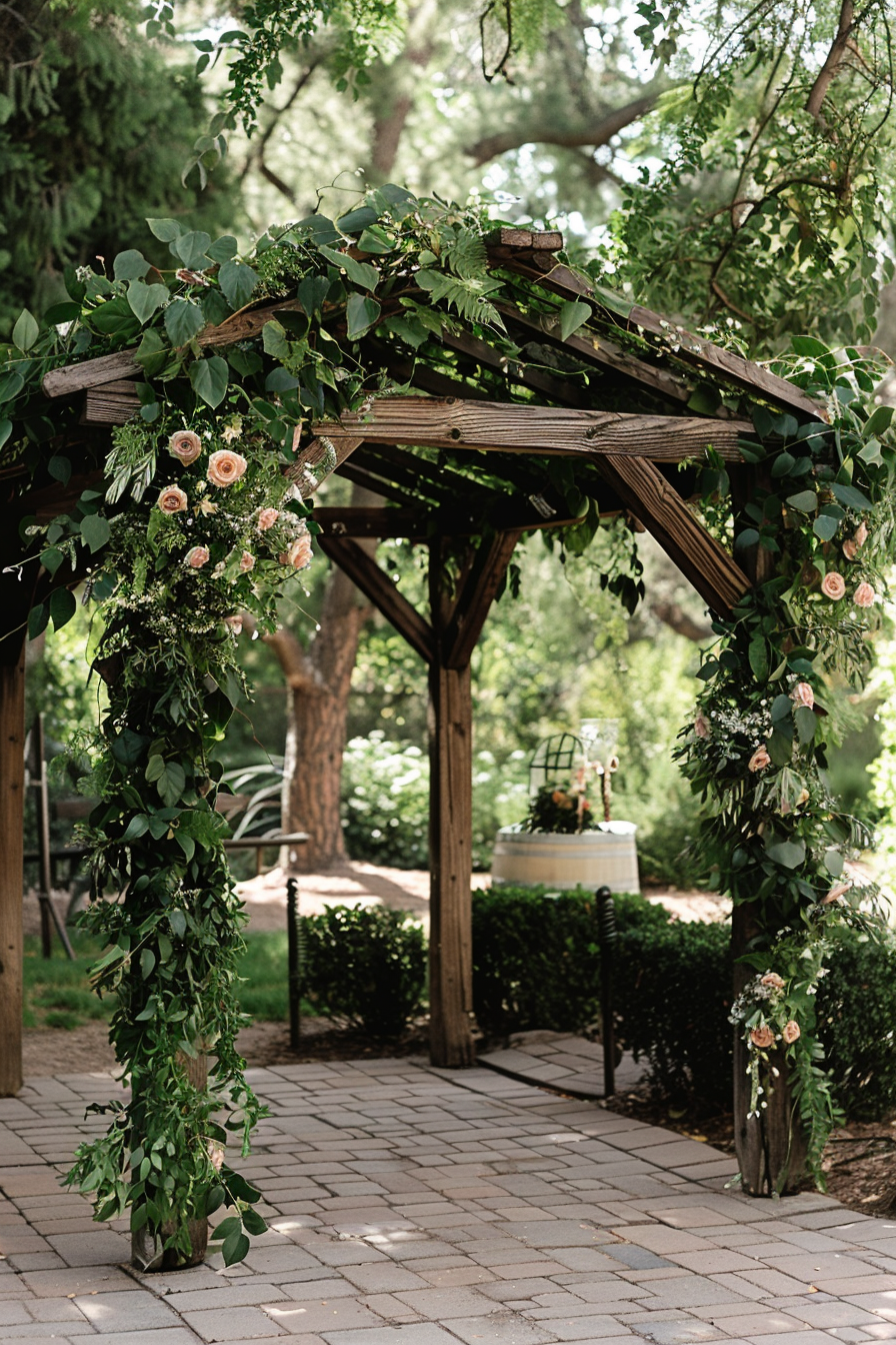 Wooden archway decorated with green foliage and pink flowers set on a brick pathway in a garden.