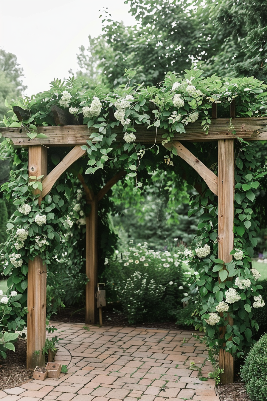 A wooden garden arbor adorned with lush greenery and white flowers, set over a brick pathway with a backdrop of a leafy garden.