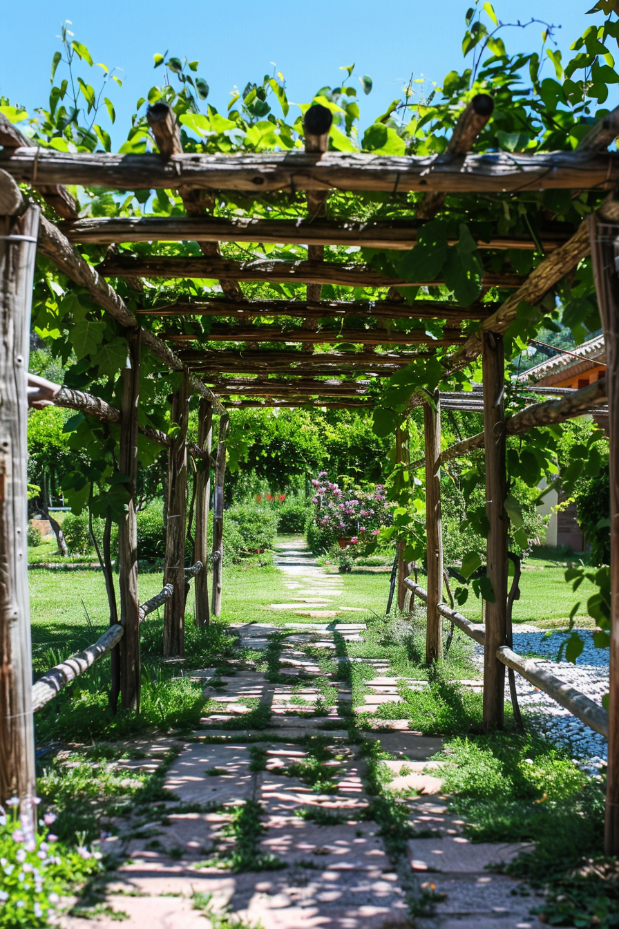 Stone pathway leading through a verdant pergola tunnel in a sunny garden.