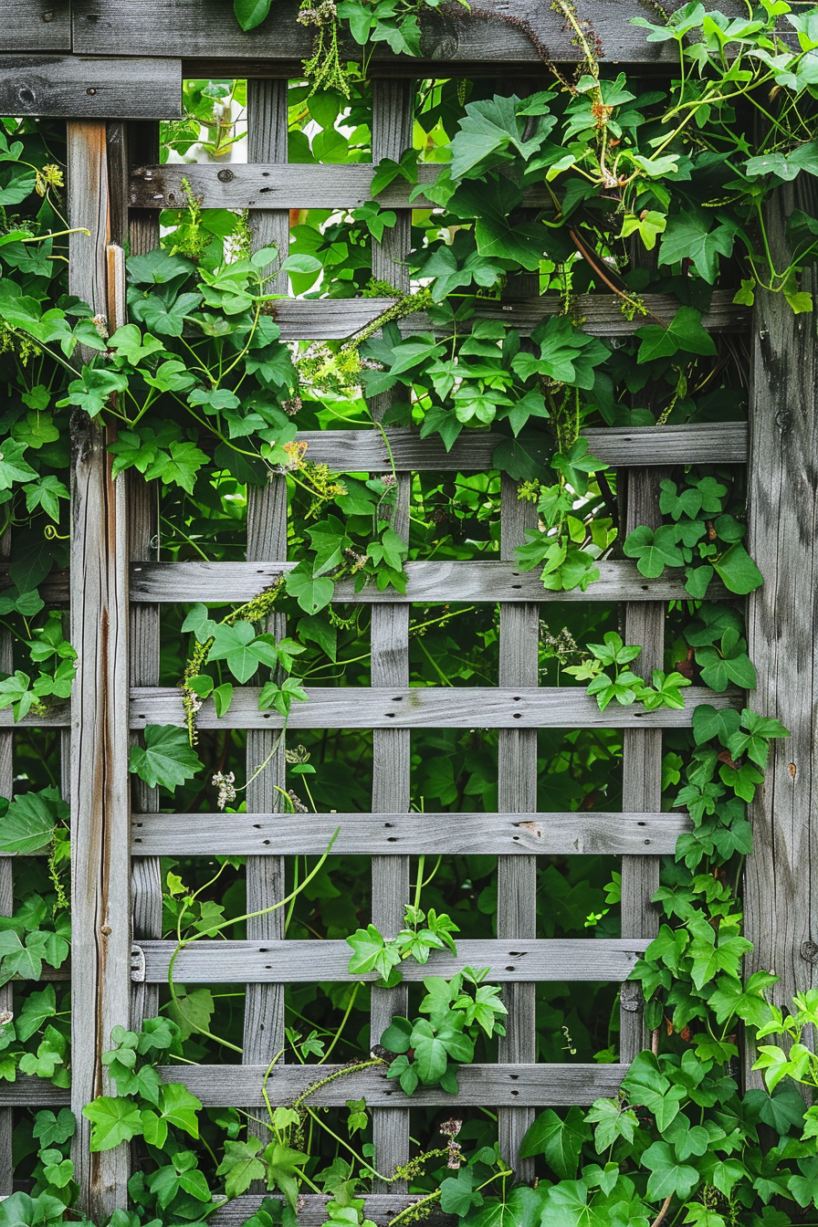 Wooden lattice fence overgrown with lush green ivy leaves and vines.