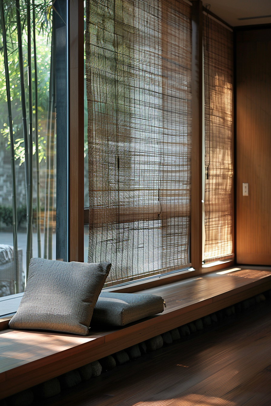 A serene indoor scene with sunlight filtering through bamboo blinds onto a wooden bench with grey cushions.