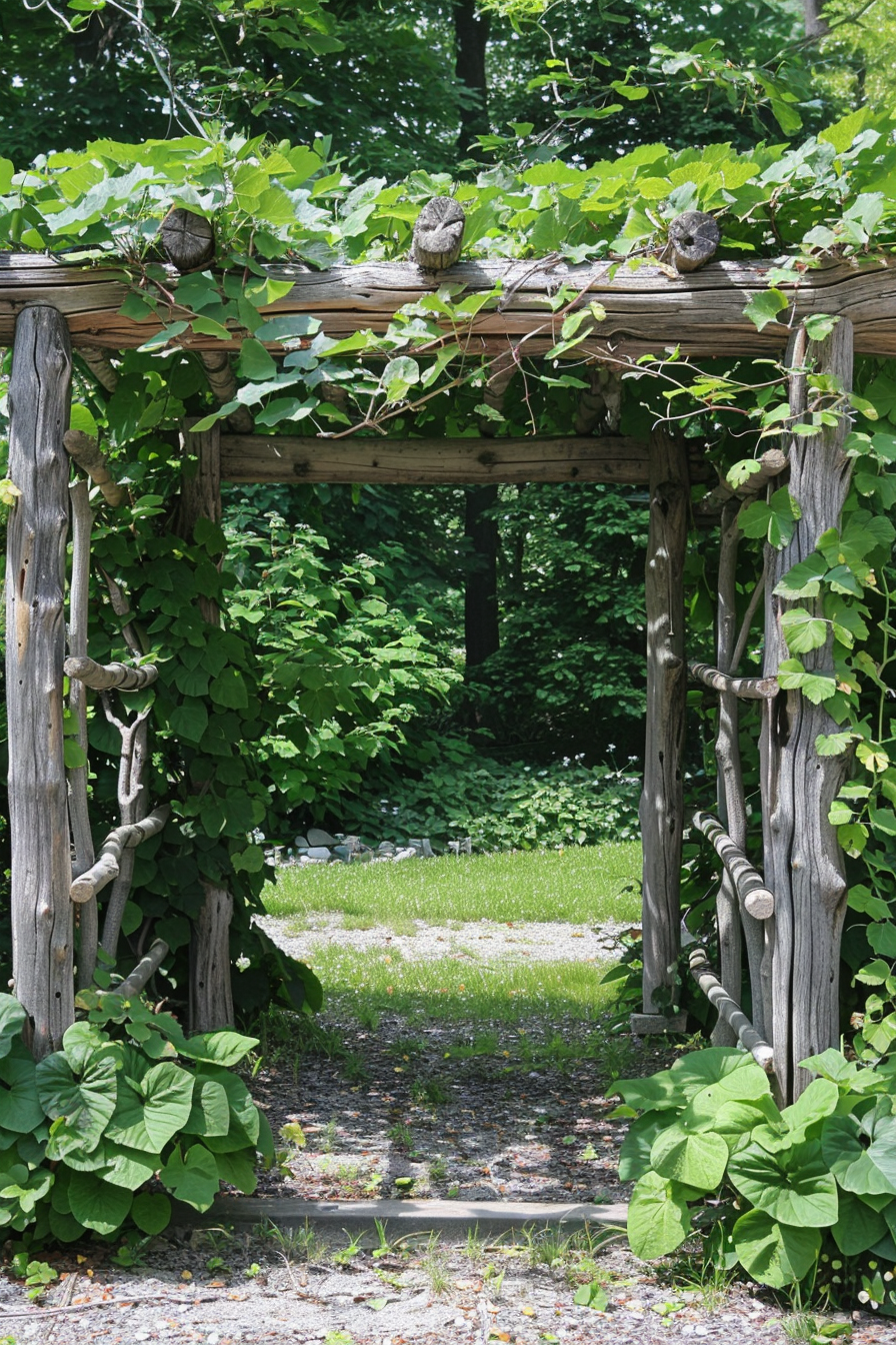 Rustic wooden garden archway overgrown with green vines and leaves, leading to a lush pathway.