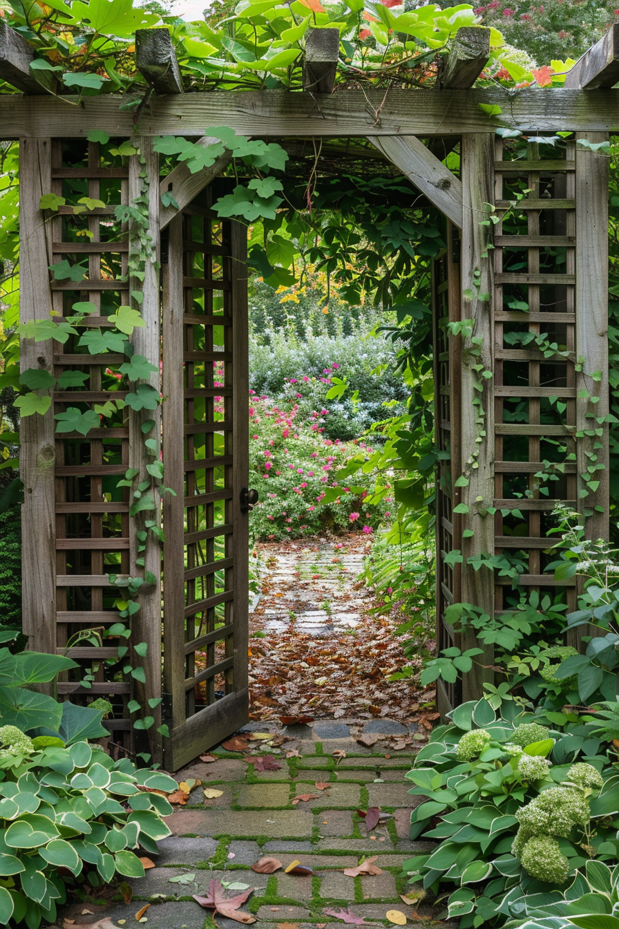 Open garden gate leading to a brick pathway strewn with fallen leaves, flanked by lush greenery and flowering shrubs.