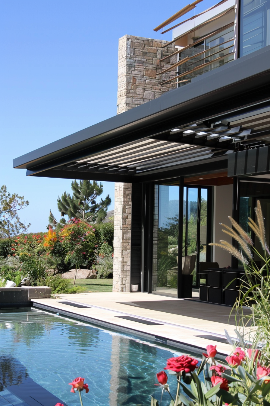 A luxurious house with large glass doors, a modern pool in the foreground, and a landscaped garden under a clear sky.