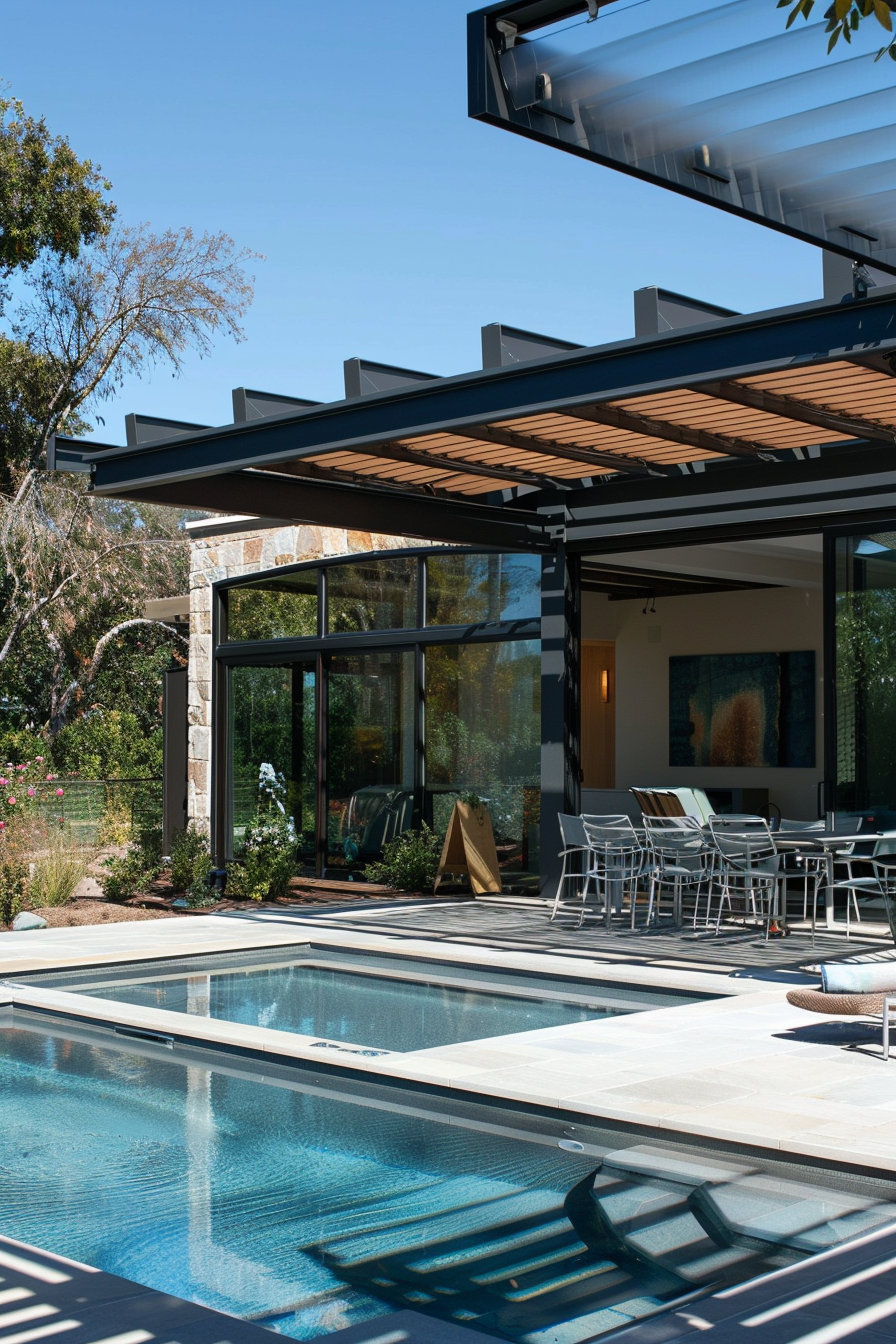 Modern backyard with a pool, patio dining area, and a part of the house with large glass windows.