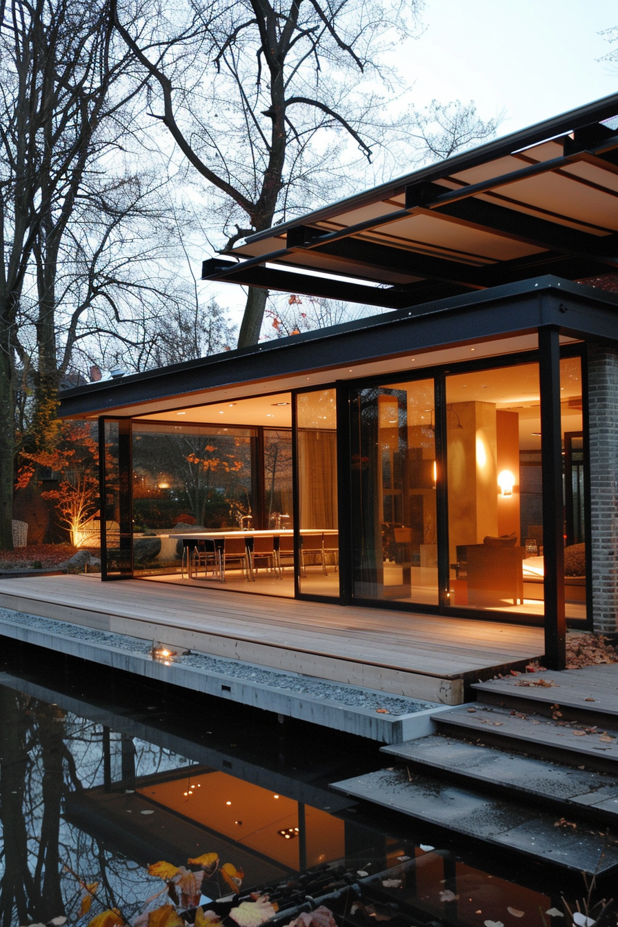 Modern house with large glass windows illuminated at twilight, featuring a wooden deck and a reflective pond surrounded by trees.