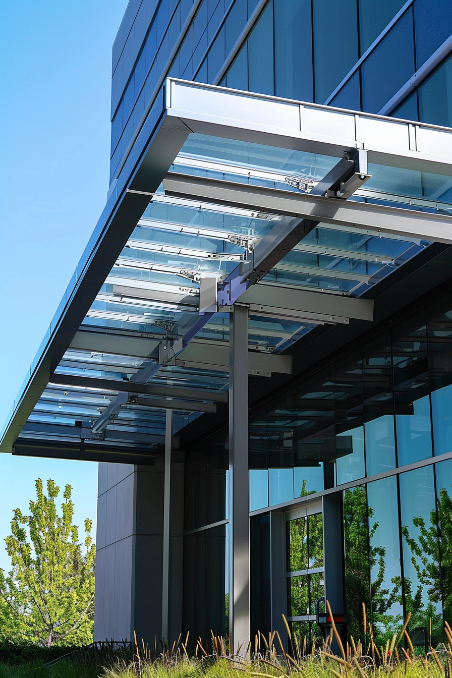 Modern building with glass facade and overhanging steel and glass canopy, against a clear blue sky.