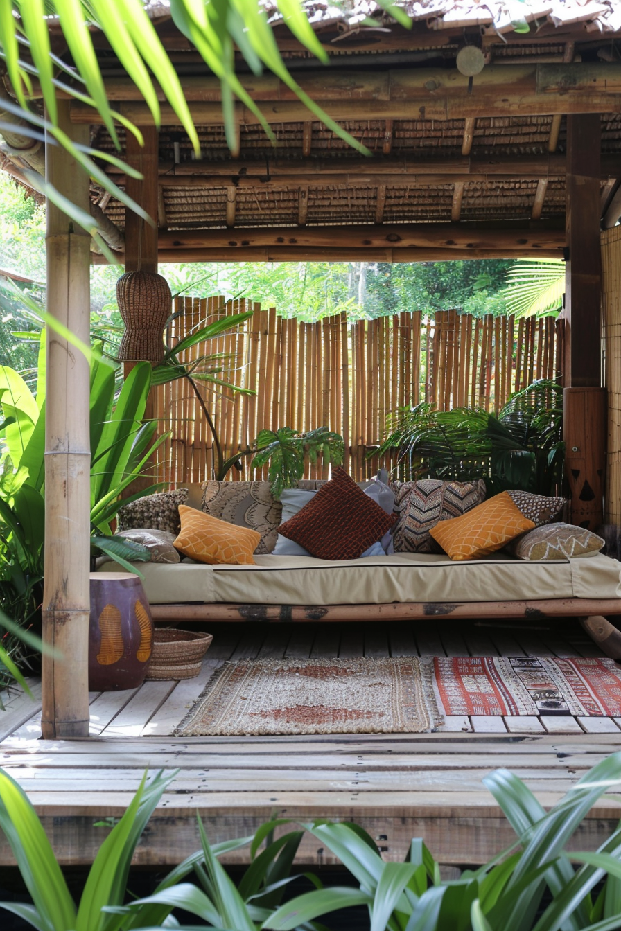 Cozy outdoor lounge area with bamboo structure, colorful pillows on a daybed, patterned rugs on the floor, and lush greenery in the background.