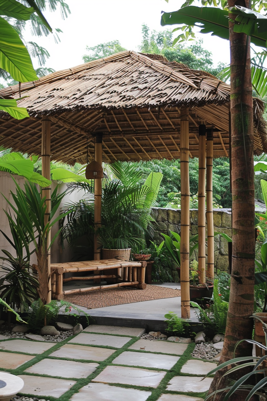 ALT Text: "A traditional bamboo gazebo with a thatched roof surrounded by tropical plants and a stone pathway with grass joints."