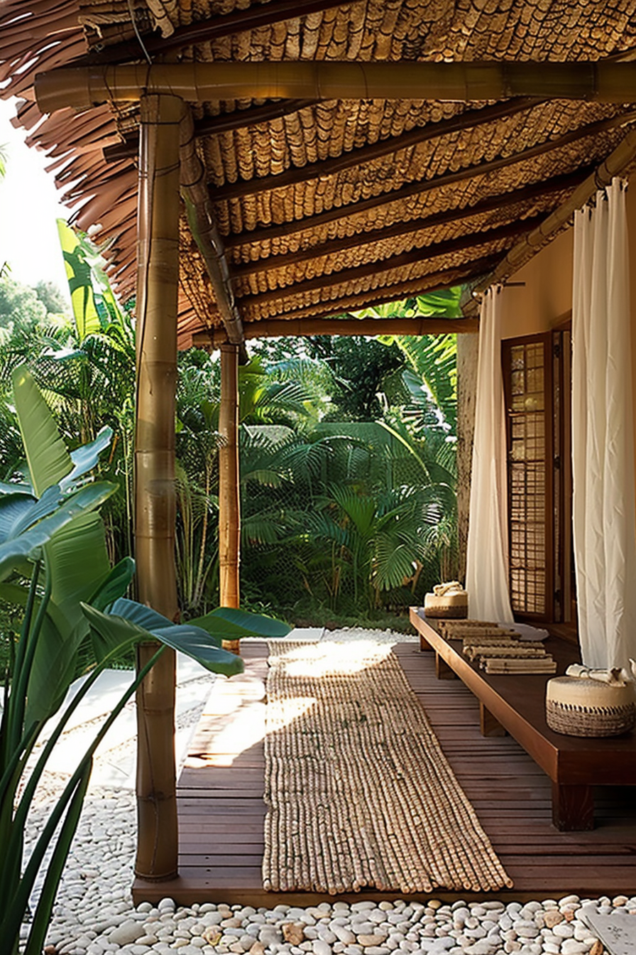 Tropical porch with wooden floor, thatched roof, bamboo columns, sheer curtains, and lush greenery in the background.