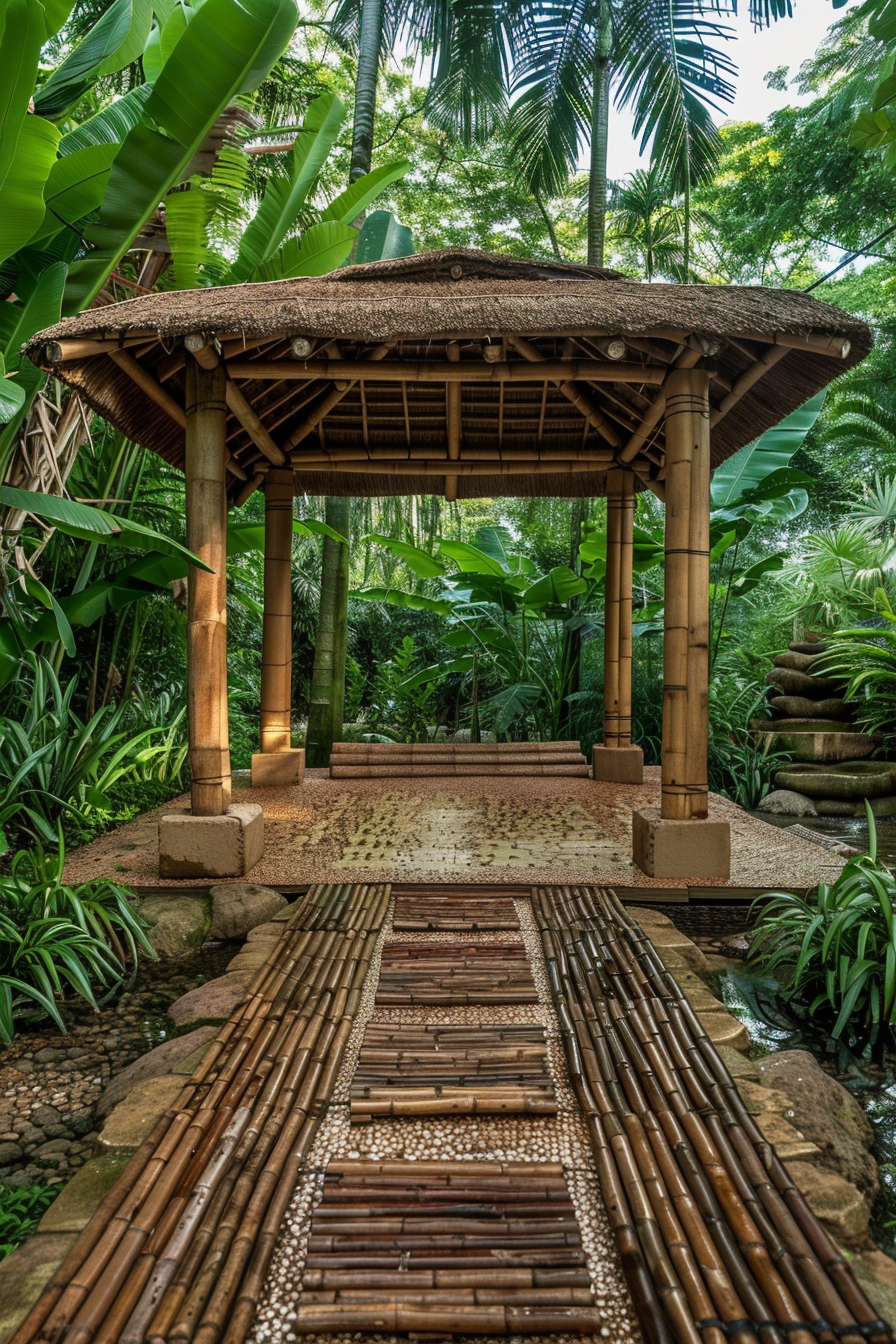 A tranquil garden gazebo with a thatched roof and bamboo pillars at the end of a pebbled path lined with bamboo rods.