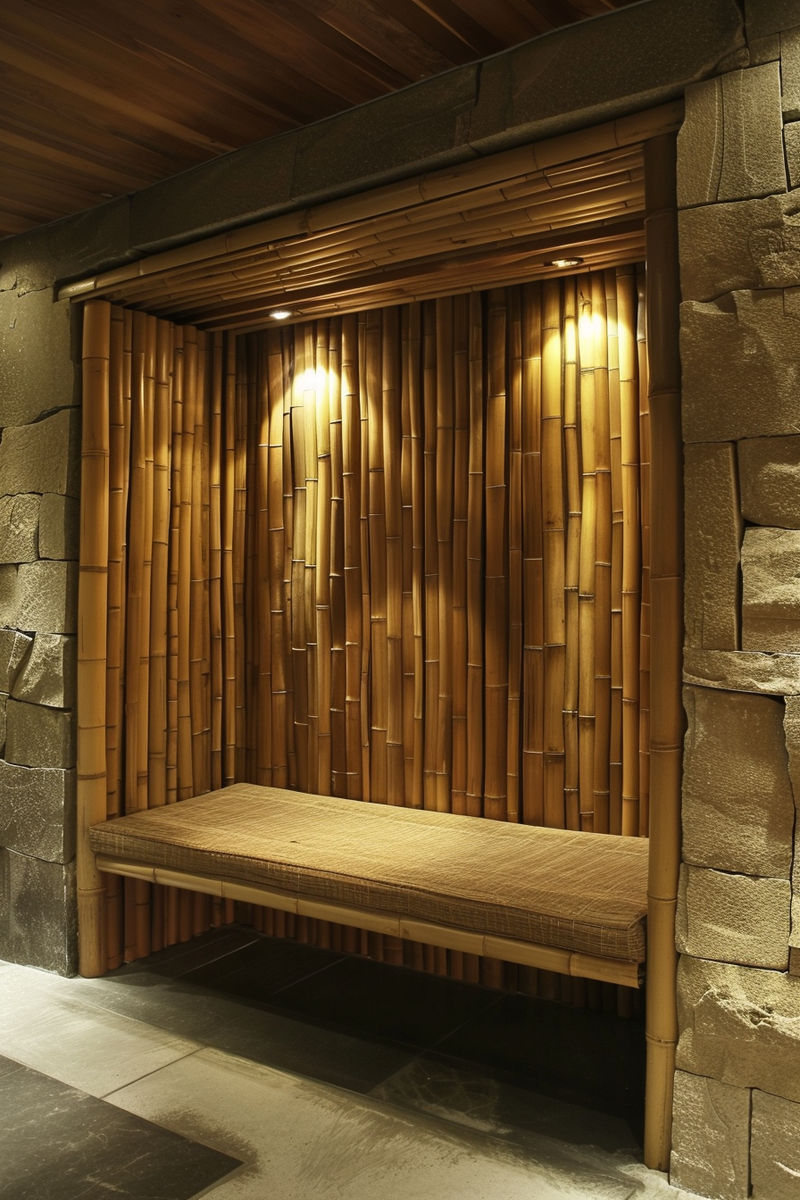 Bamboo-paneled nook with a warm light above a wooden bench, evoking a tranquil, zen ambiance.