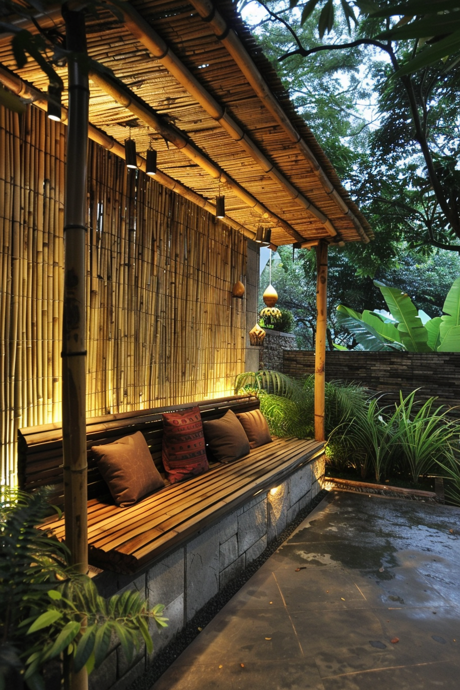 Cozy outdoor seating area with bamboo screening, plush pillows, and hanging lanterns, nestled in a lush garden setting at dusk.