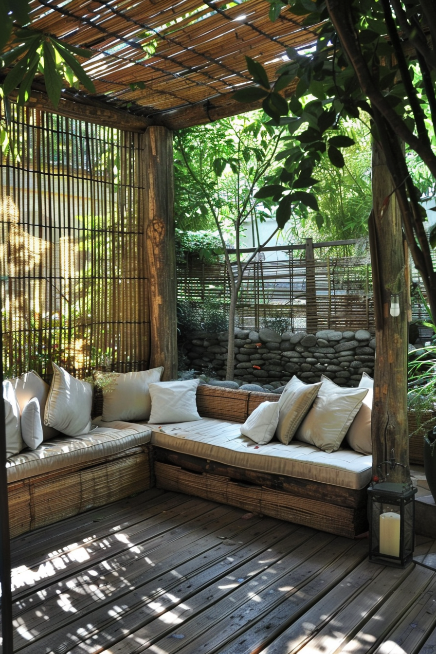 Cozy outdoor patio with wicker furniture and cushions under a bamboo pergola, surrounded by greenery and pebble accents.