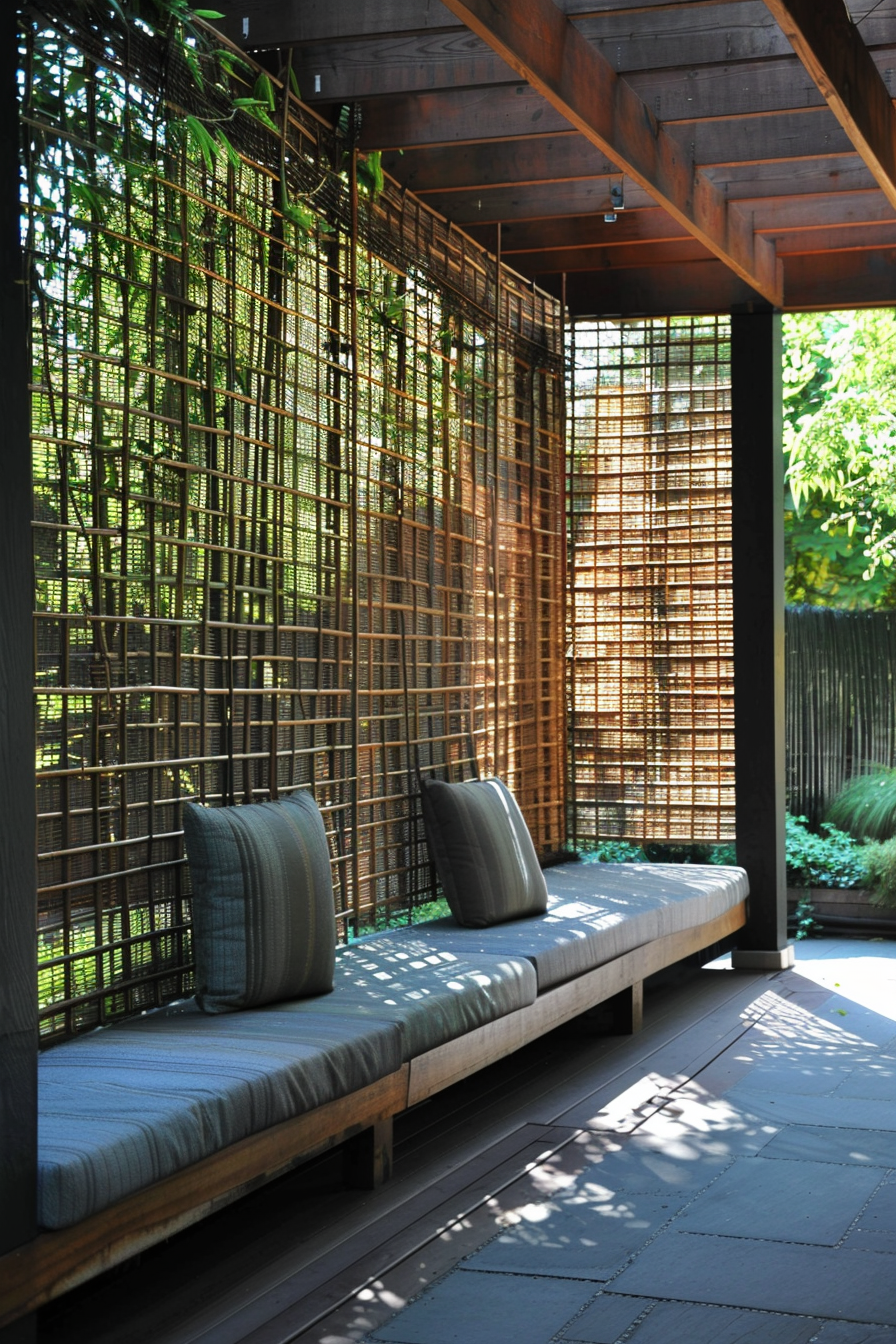 Outdoor wooden daybed with cushions on a shaded patio with bamboo screening and lush greenery in the background.