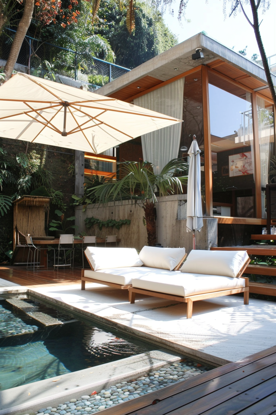 Modern outdoor patio with a lounging area, umbrella, and pool, surrounded by lush greenery and a wooden deck.