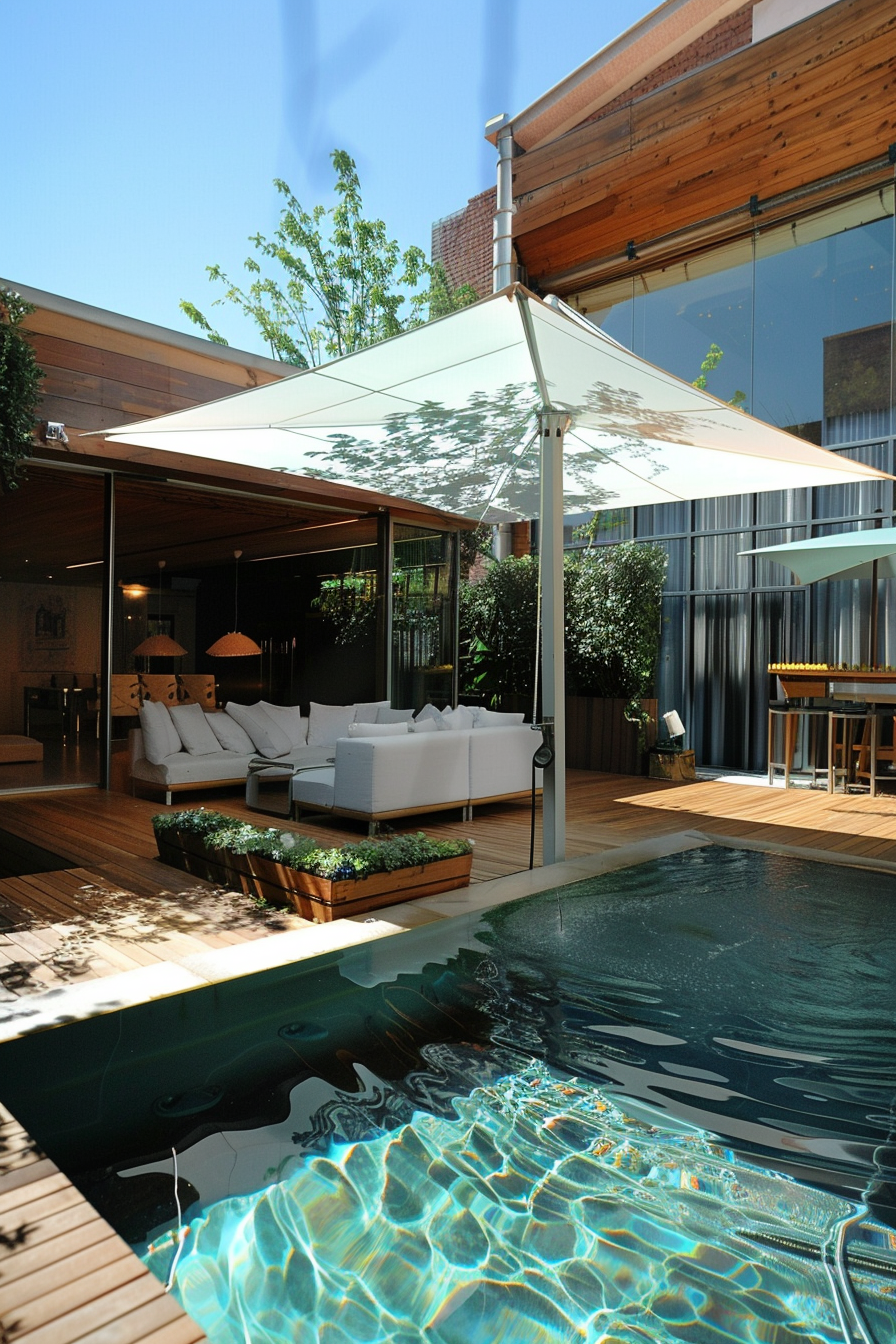 Modern outdoor patio with a sofa set under a cantilever umbrella by a shimmering pool, surrounded by wooden decks and greenery.