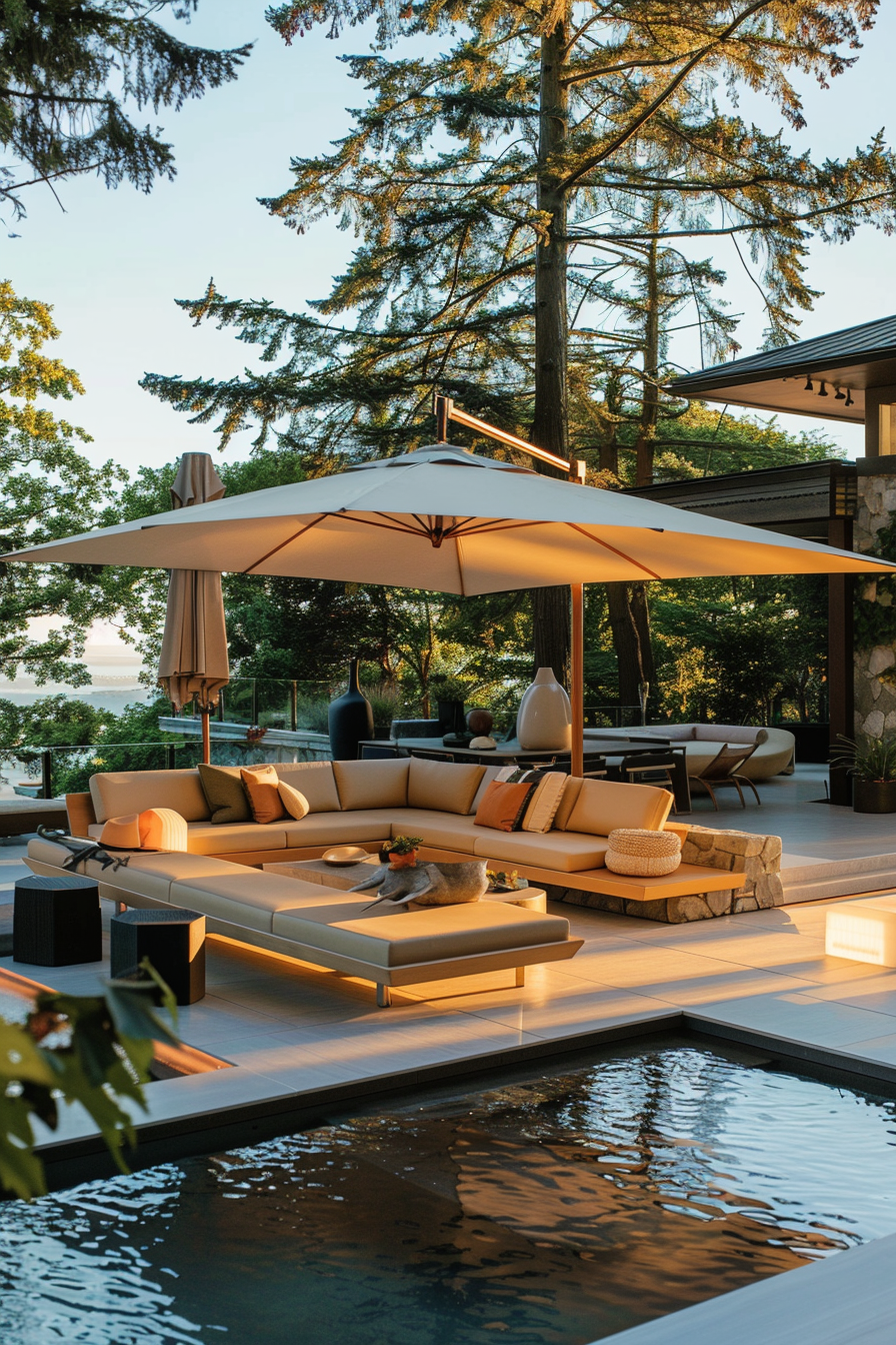 Luxurious outdoor patio with modern furniture under parasols, by a serene pool surrounded by trees at dusk.