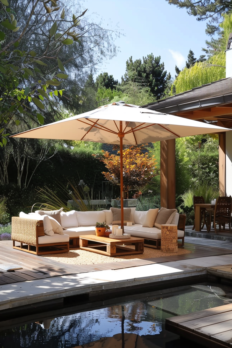 Outdoor patio with a large umbrella, comfortable seating area, and a reflective pool surrounded by greenery.