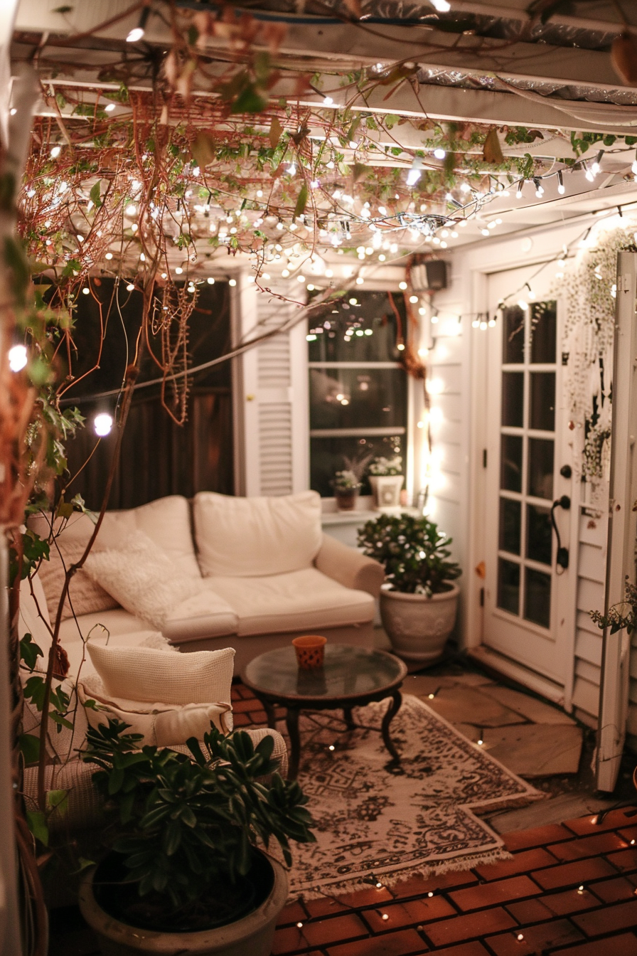 Cozy outdoor patio at night, adorned with string lights, plants, a sofa, and a carpet, creating an inviting atmosphere.