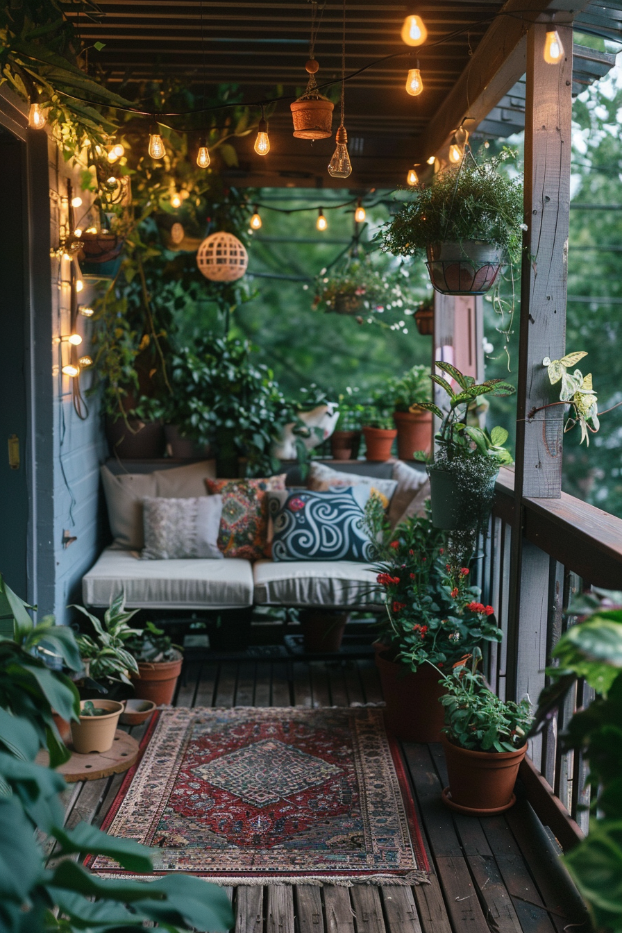 Cozy balcony with string lights, potted plants, a bench with cushions, and an ornate rug on wooden decking.