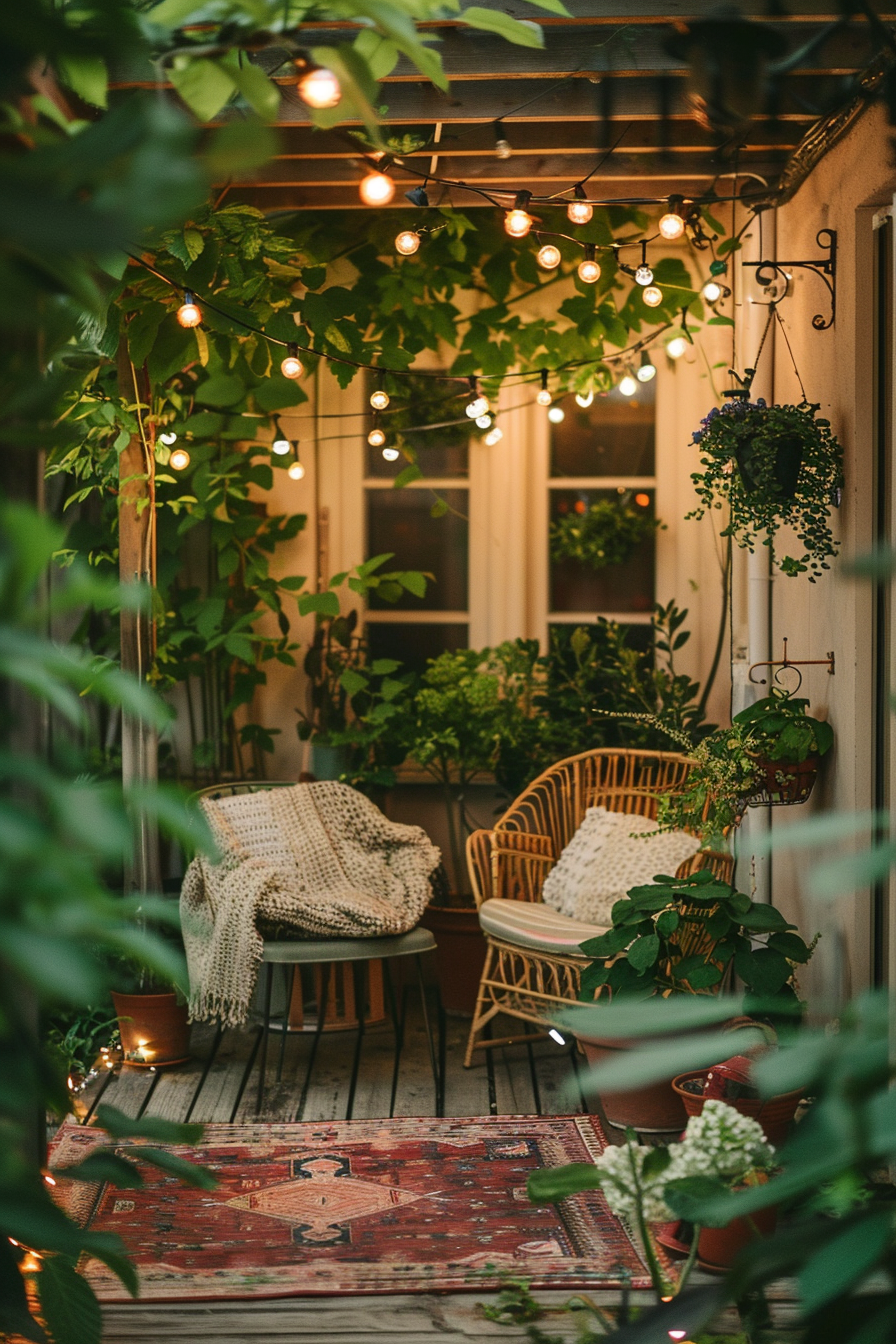 Cozy balcony with string lights, plants, wicker chairs, and a knitted throw blanket on a warm evening.