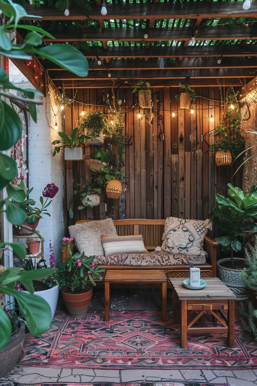 Cozy outdoor patio with wooden seating, decorative cushions, hanging plants, string lights, and a patterned rug.