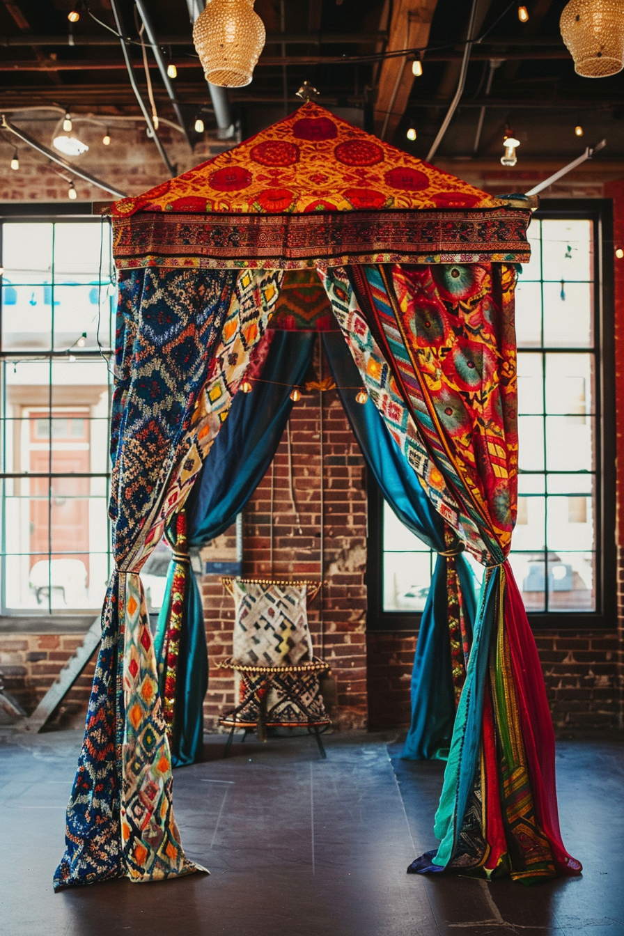Vibrantly colored, patterned fabric canopy and curtains in an eclectic room with hanging lights and brick walls.