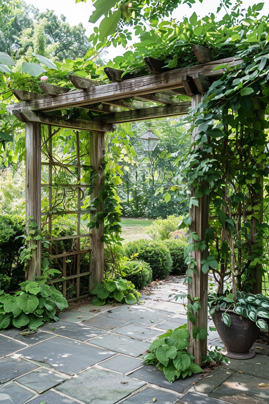 A wooden garden pergola overgrown with green vines and surrounded by lush plants on a stone pathway.