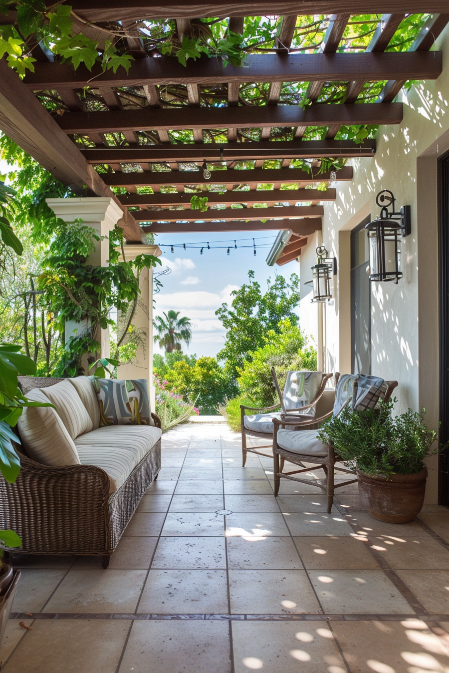 Cozy outdoor patio with a pergola, string lights, comfortable seating, and lush greenery in a sunny setting.