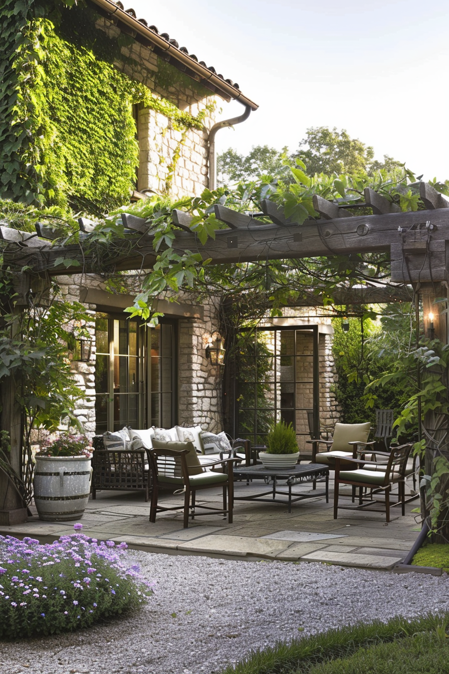 An elegant stone house with a lush garden patio featuring comfortable outdoor seating, ivy walls, and gravel paths.