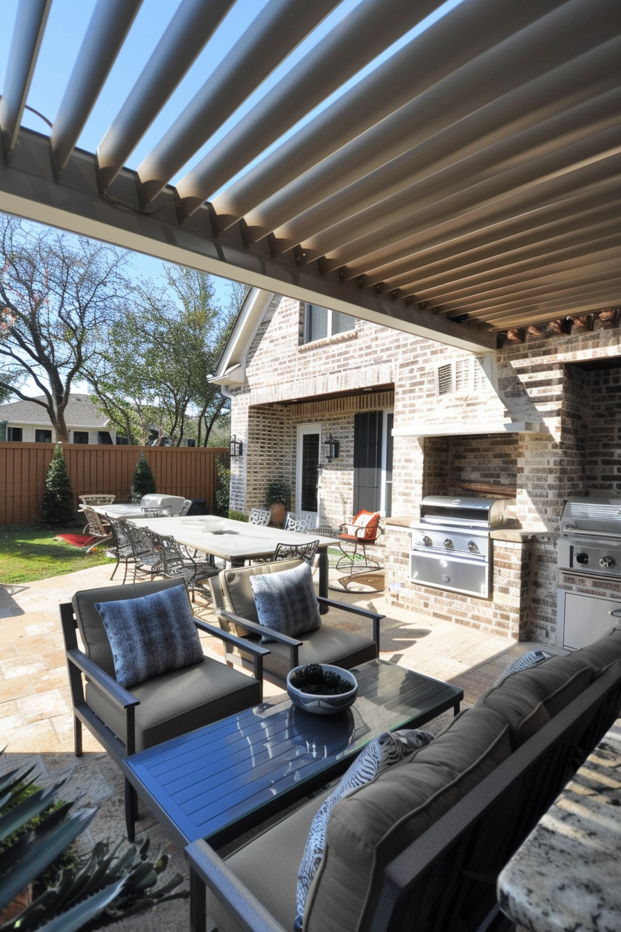 Outdoor patio with furniture, brick grill station, under a modern louvered pergola, in a residential backyard.